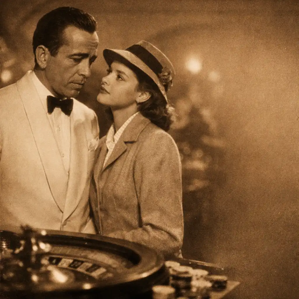 Humphrey Bogart and Ingrid Bergman standing near a roulette table in Rick's Café from Casablanca