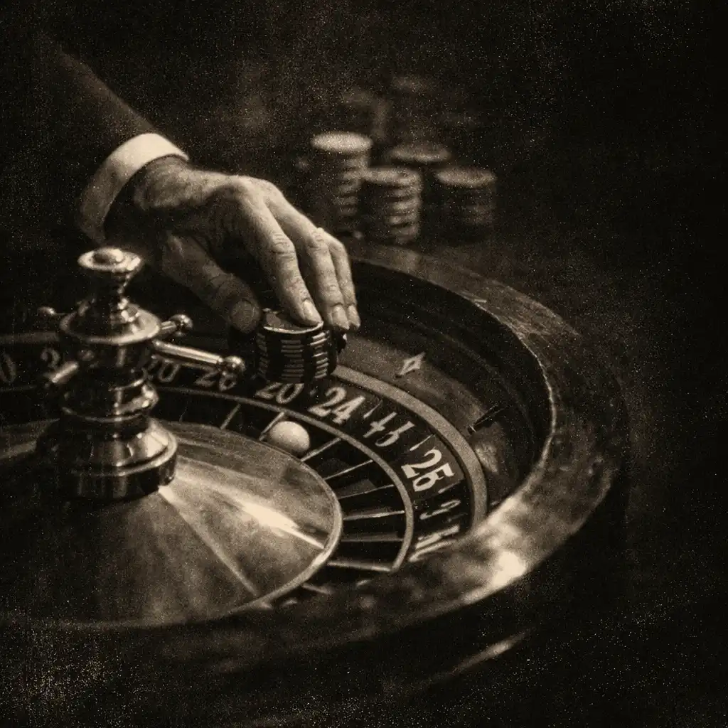 Close-up of a roulette wheel with Rick's hand placing a bet in Casablanca