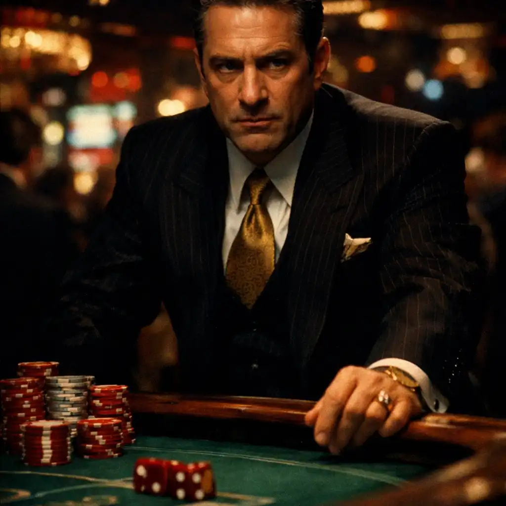 Portrait still from Casino (1995) showing a man in a sharp suit at a craps table, his expression intense and calculating
