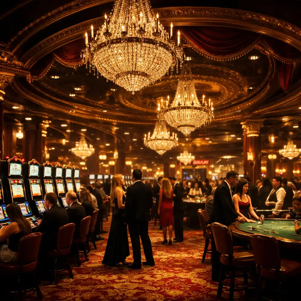 Glamorous casino floor with chandeliers and gaming tables