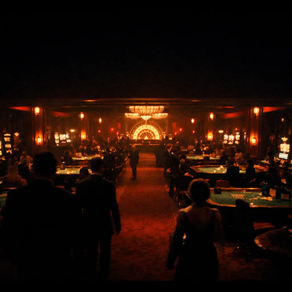 A grand casino floor at night, bathed in warm amber and deep red lighting, with rows of gaming tables receding into darkness