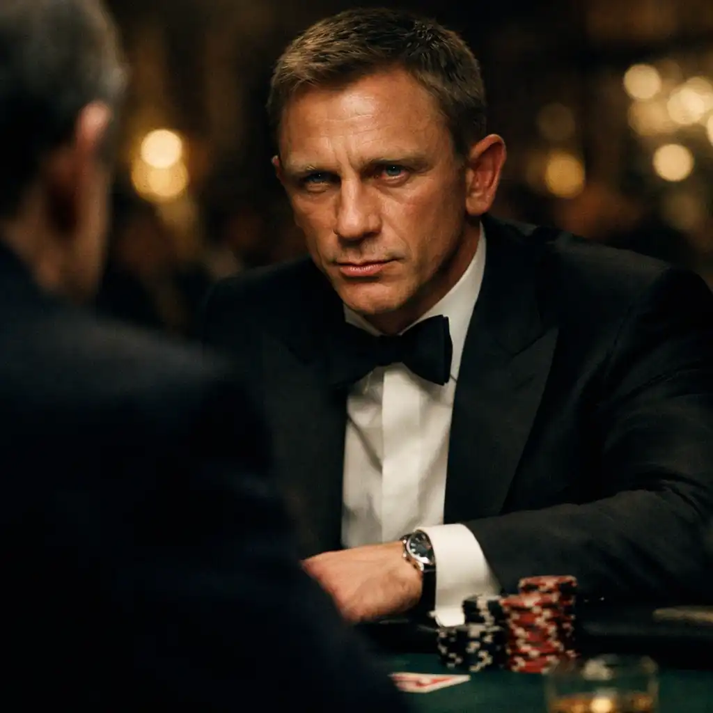 Daniel Craig as James Bond seated at a poker table in Casino Royale