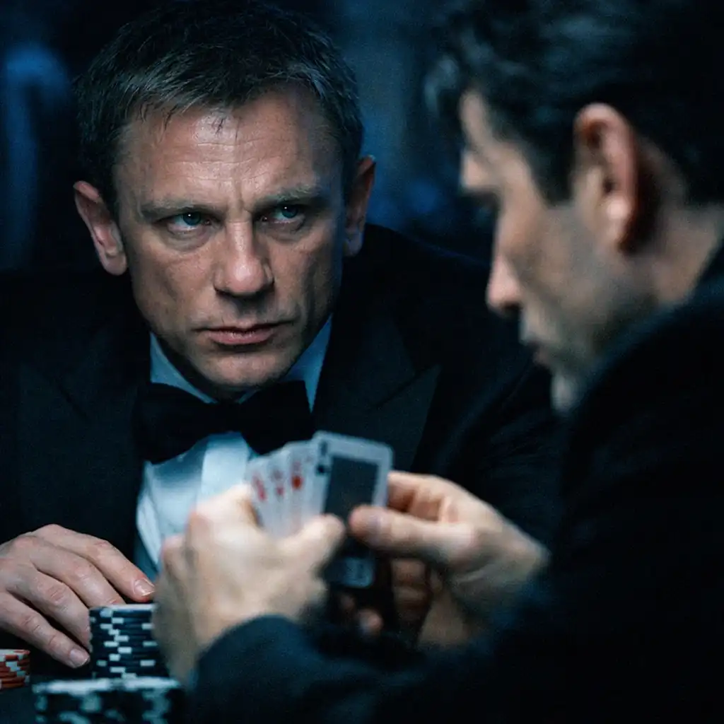Daniel Craig as James Bond staring across a poker table at his opponent in Casino Royale