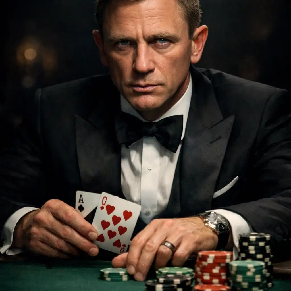 James Bond in a tuxedo at a high-stakes poker table in Casino Royale