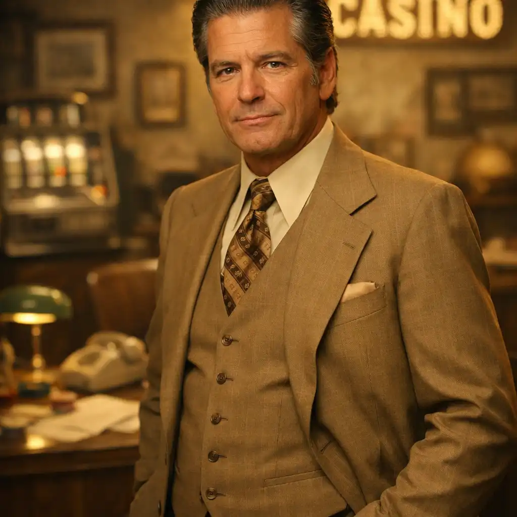 Portrait of Ace Rothstein, a composed man in a 1970s suit, standing in a vintage casino office