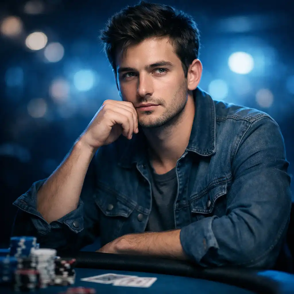 Portrait of Mike McDermott, a thoughtful young man seated at a poker table in cool blue light