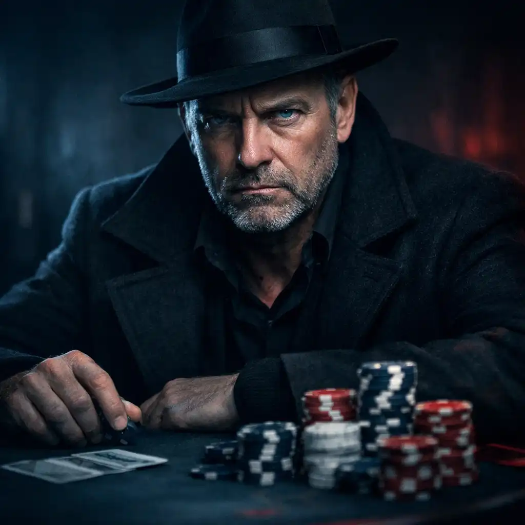 Portrait of Teddy KGB, a stern man in a dark coat and hat at a poker table