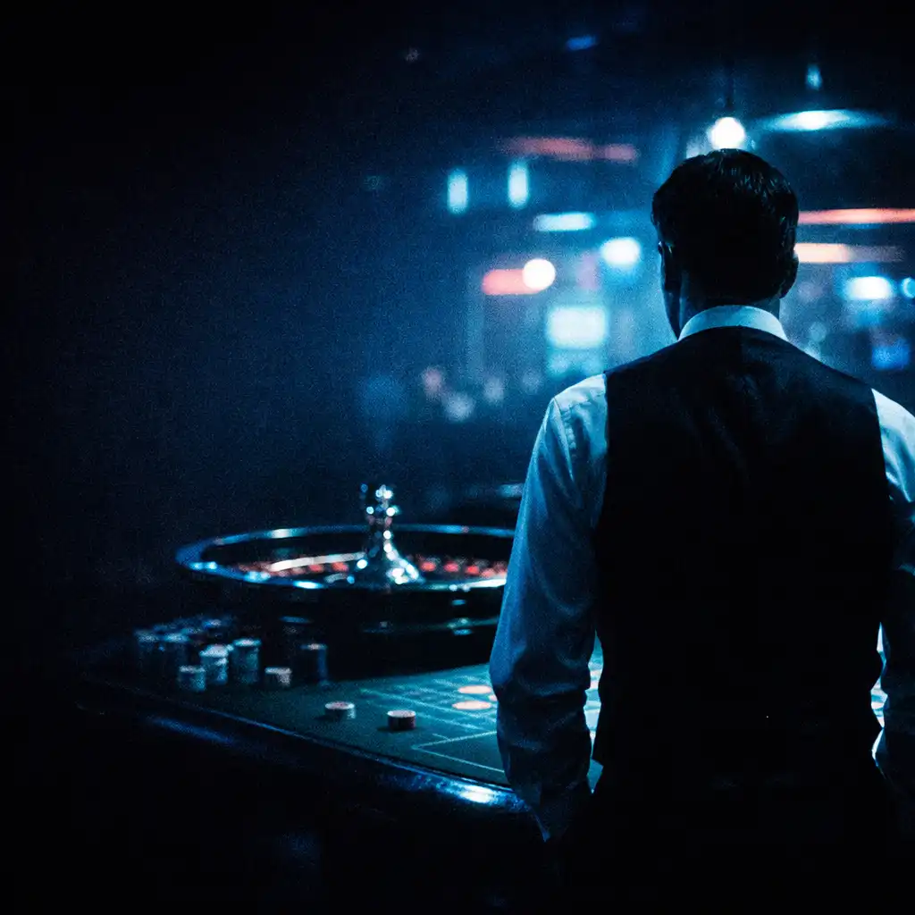 A croupier in a dark casino, seen from behind, looking at a roulette table in Croupier