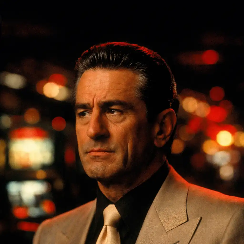 Portrait still from Martin Scorsese's Casino showing Sam Rothstein standing in a casino
