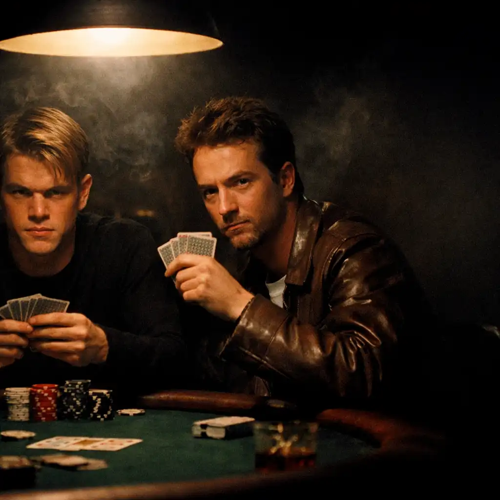 Still from Rounders showing two players at a poker table