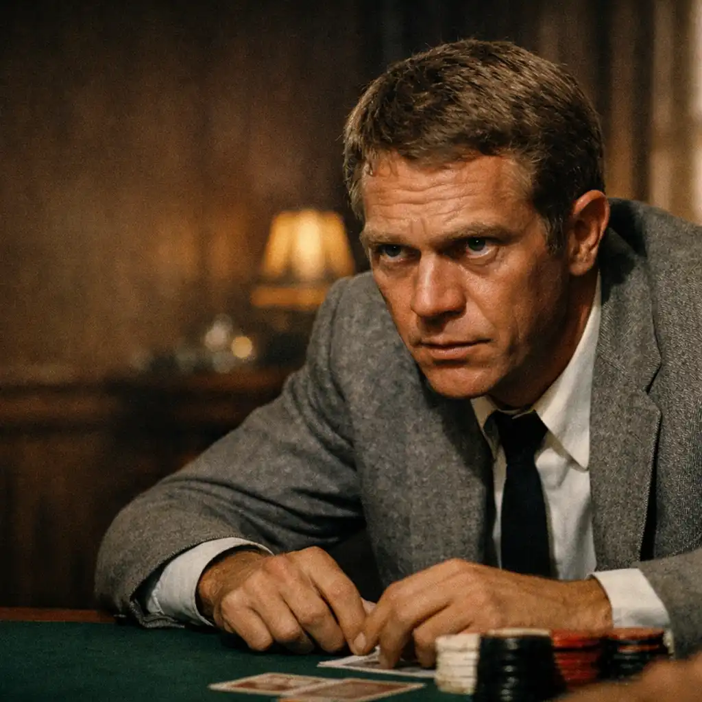 Still from The Cincinnati Kid showing Steve McQueen at a poker table