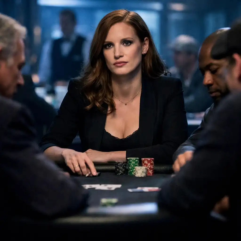 Still from Molly's Game showing Jessica Chastain in a modern poker room