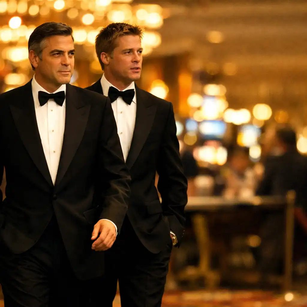 Portrait still from Ocean's Eleven showing two characters walking through a casino