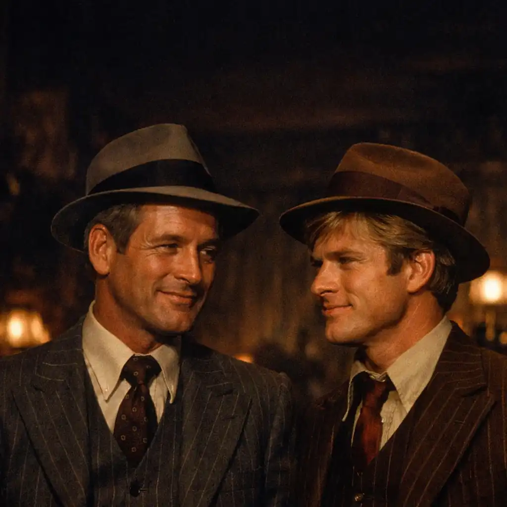 Portrait still from The Sting showing Paul Newman and Robert Redford