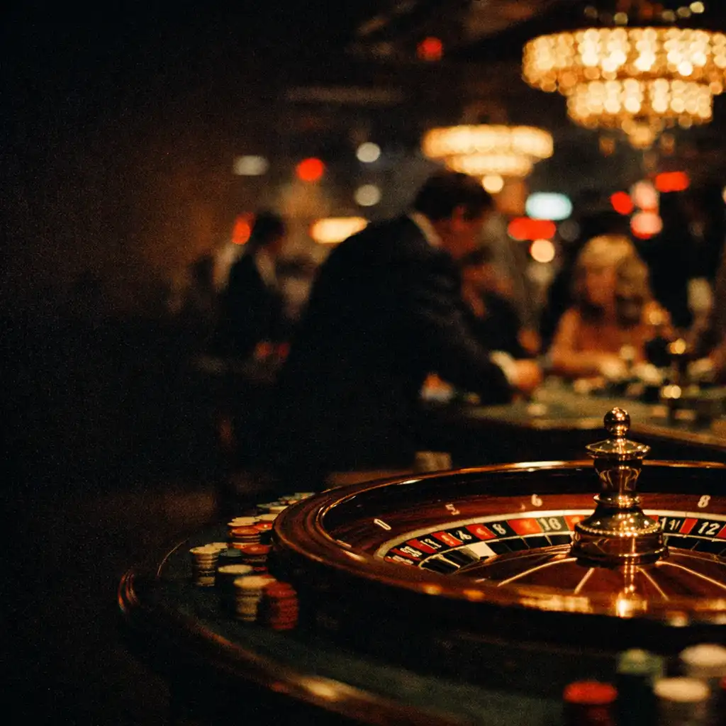 A dimly lit casino floor with a roulette wheel in the foreground and blurred figures in the background