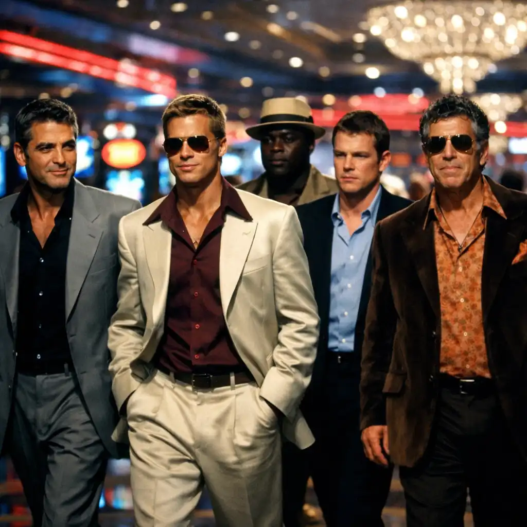 Ocean's Eleven (2001) still showing a group of well-dressed men walking through a brightly lit Las Vegas casino lobby