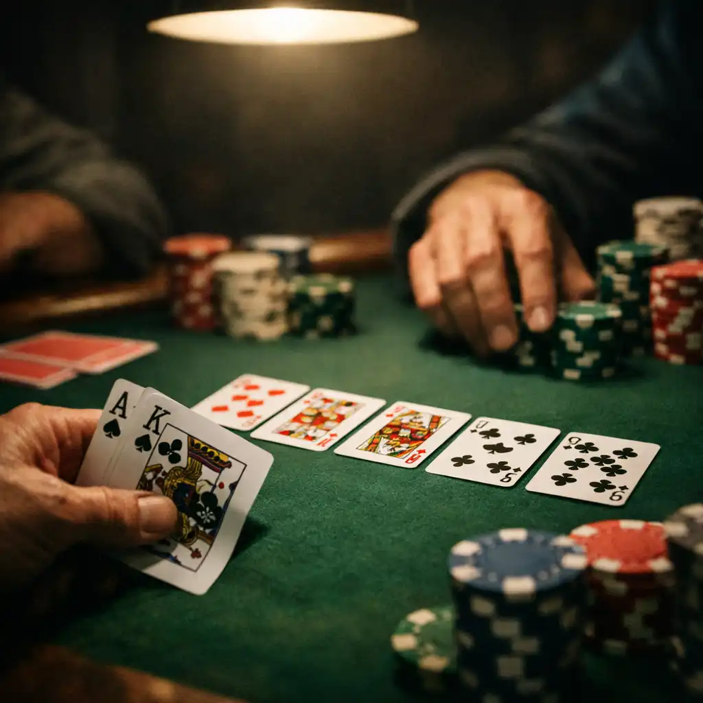 Close-up of poker hands and chips on a green felt table