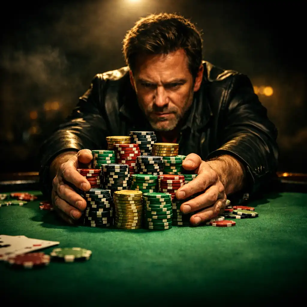 A player pushes a large stack of chips into the centre of a green felt poker table under a spotlight