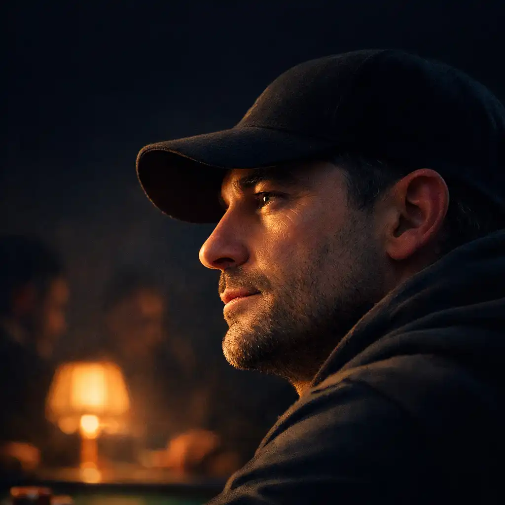 A contemplative poker player's profile lit by a warm table lamp, with dark, out-of-focus silhouettes behind