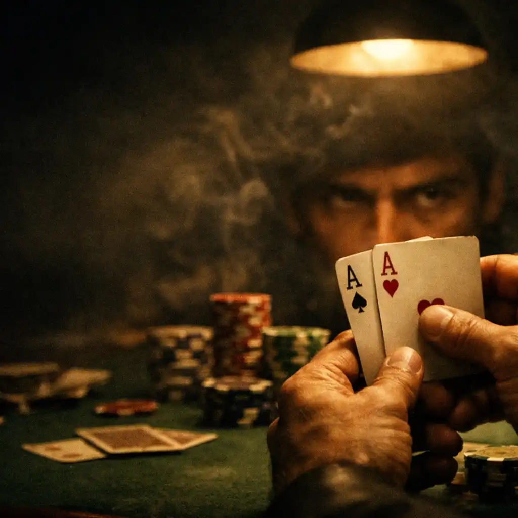 A tense, dimly lit poker game with a player's hands holding cards and intense eyes in the background