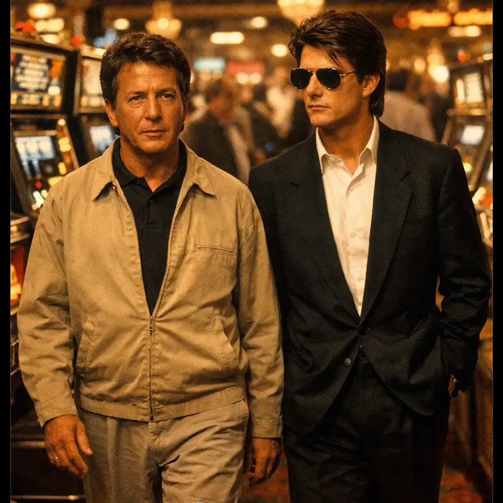 Promotional still from Rain Man (1988) featuring Dustin Hoffman and Tom Cruise walking through a casino
