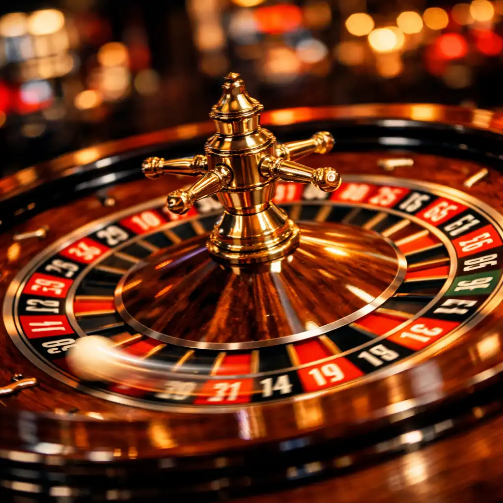Roulette wheel spinning with blurred casino lights in the background