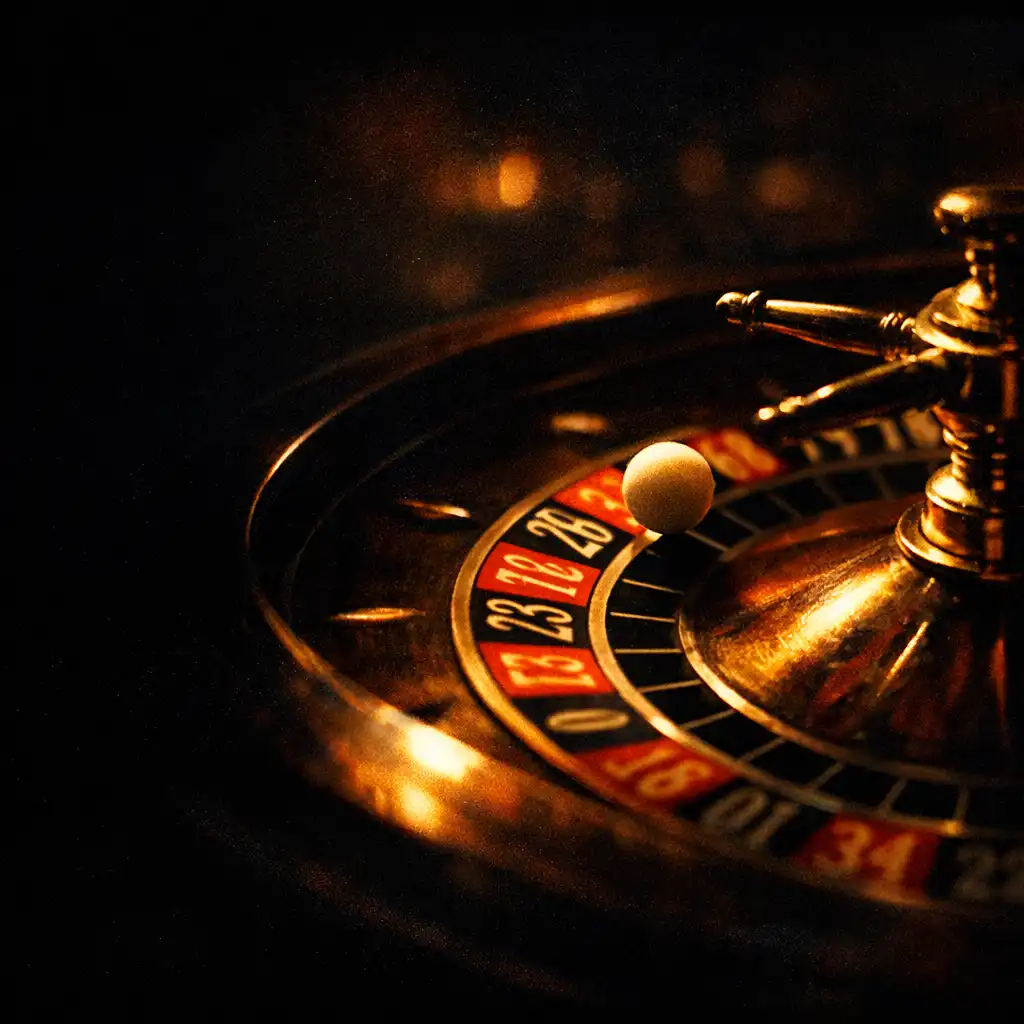 Cinematic close-up of a roulette wheel in a dimly lit casino, the ball frozen mid-spin