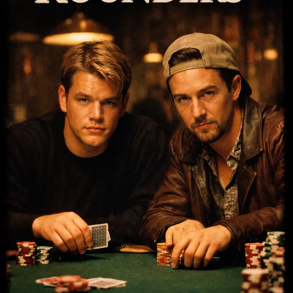 Promotional still from Rounders (1998) showing Matt Damon and Edward Norton at a poker table