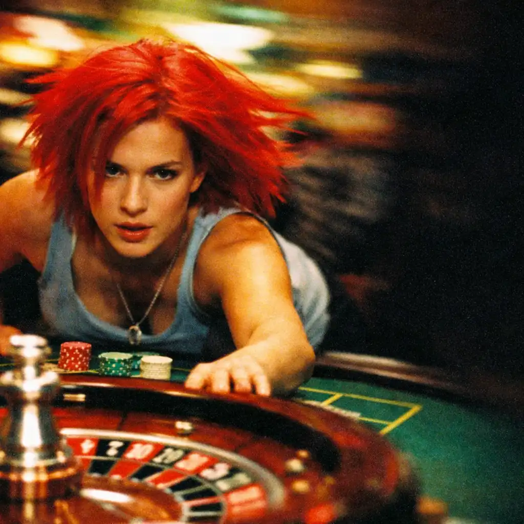 Lola with bright red hair at a roulette table, intense expression, in Run Lola Run