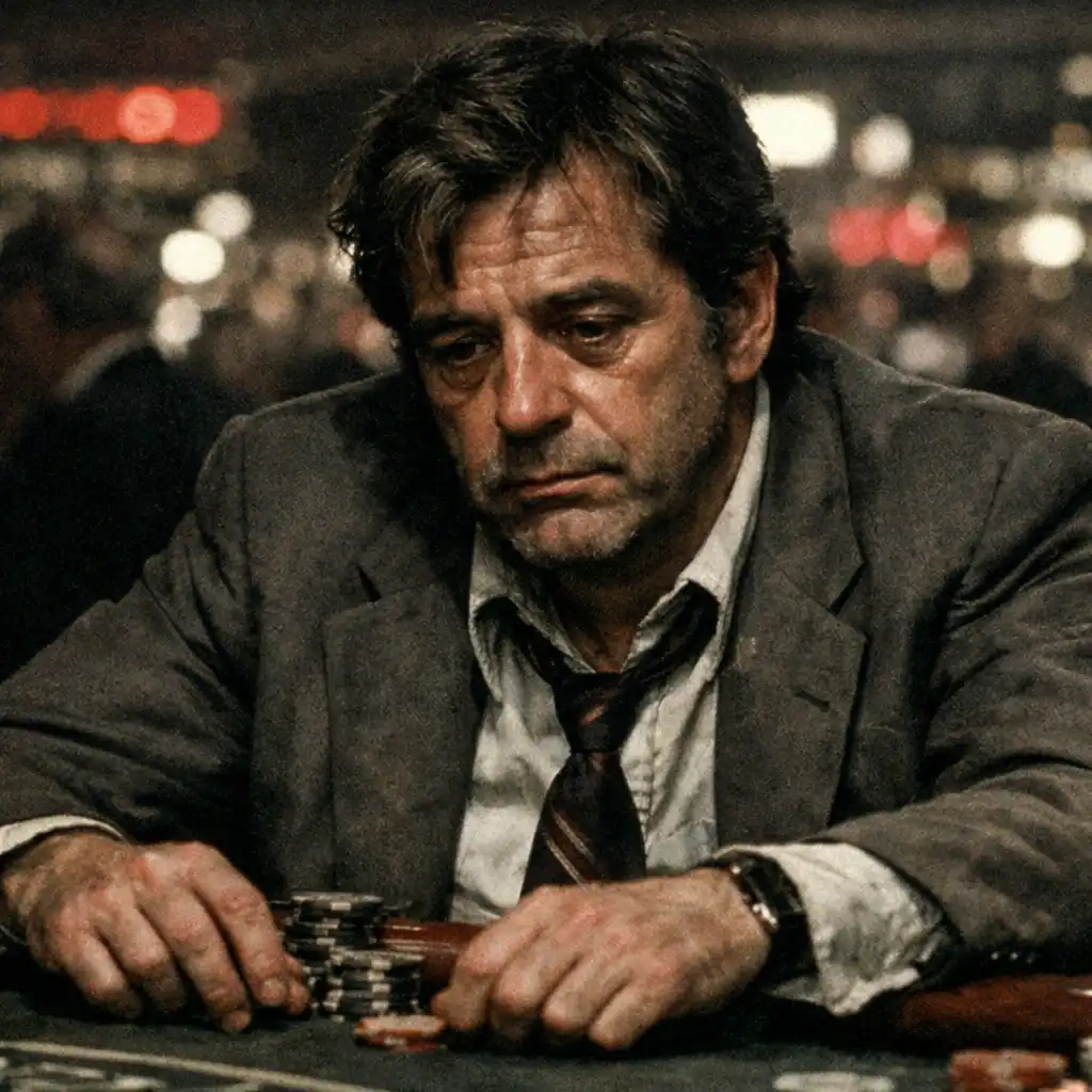 The Gambler (1974) still showing a middle-aged man in a rumpled suit sitting at a casino table, looking weary and defeated