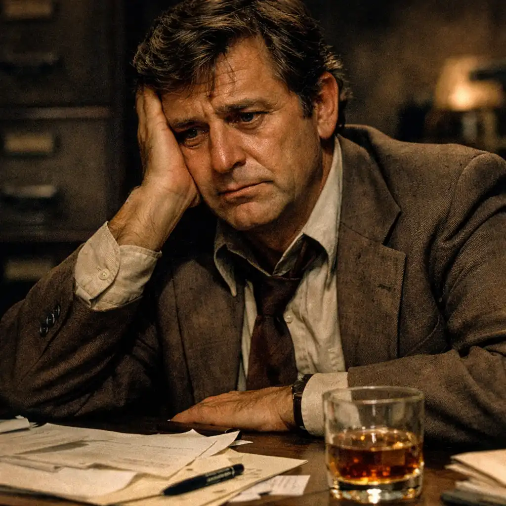 Portrait of Axel Freed, a conflicted man in a dimly lit gambling room
