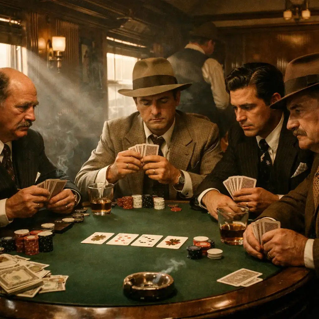 The Sting (1973) still showing a high-stakes poker game on a train, with men in 1930s suits seated around a table